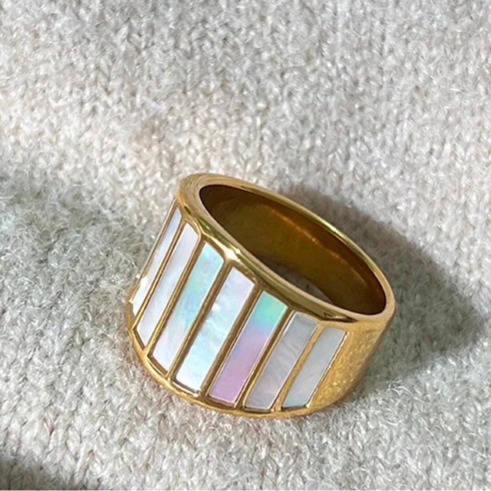 Statement Mother of Pearl Inlay Wide Band Ring - 18K Gold Plated Minimalist